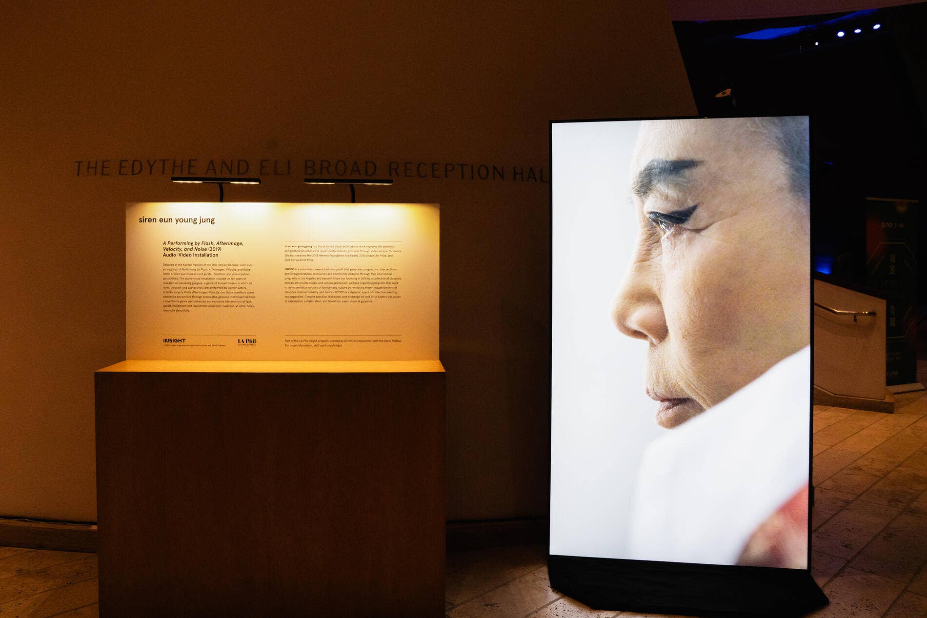 Gallery installation with wall text and a large screen showing a close-up side profile of a woman’s face