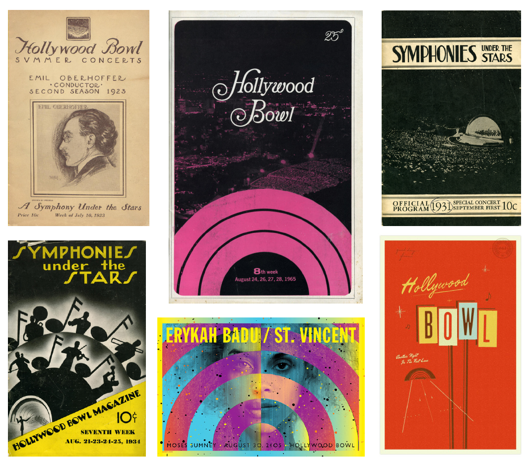 Six vintage Hollywood Bowl concert posters featuring “Symphonies under the Stars,” “Hollywood Bowl,” and “Bowls.”