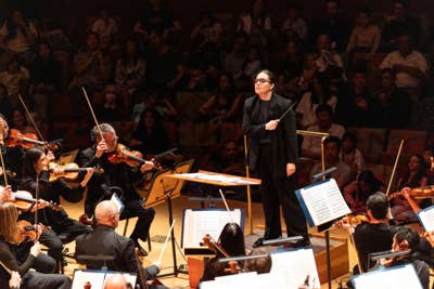 director de orquesta  batuta una orquesta; músicos sentados con violines y partituras en una sala de conciertos