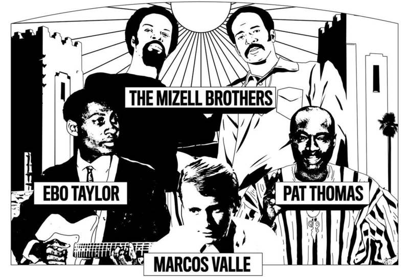 Black-and-white band poster of The Mizell Brothers with Ebo Taylor, Pat Thomas, and Marcos Valle performing.
