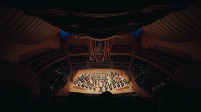 An audience member's view of the Los Angeles Philharmonic during a performance.
