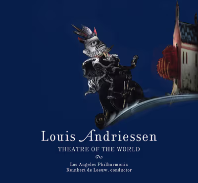 Surreal metallic bird-headed figure with spikes and trident-like fins, with Louis Andriessen text on blue backdrop