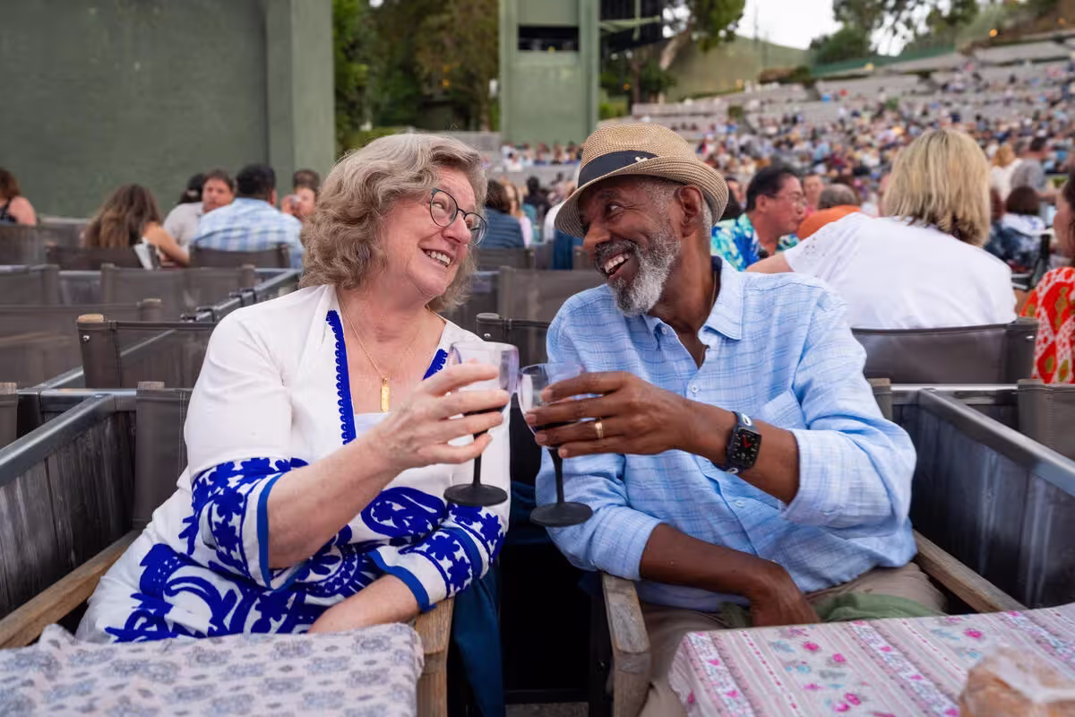 Smiling elderly couple seated at outdoor event, toasting with glasses in stadium stands.