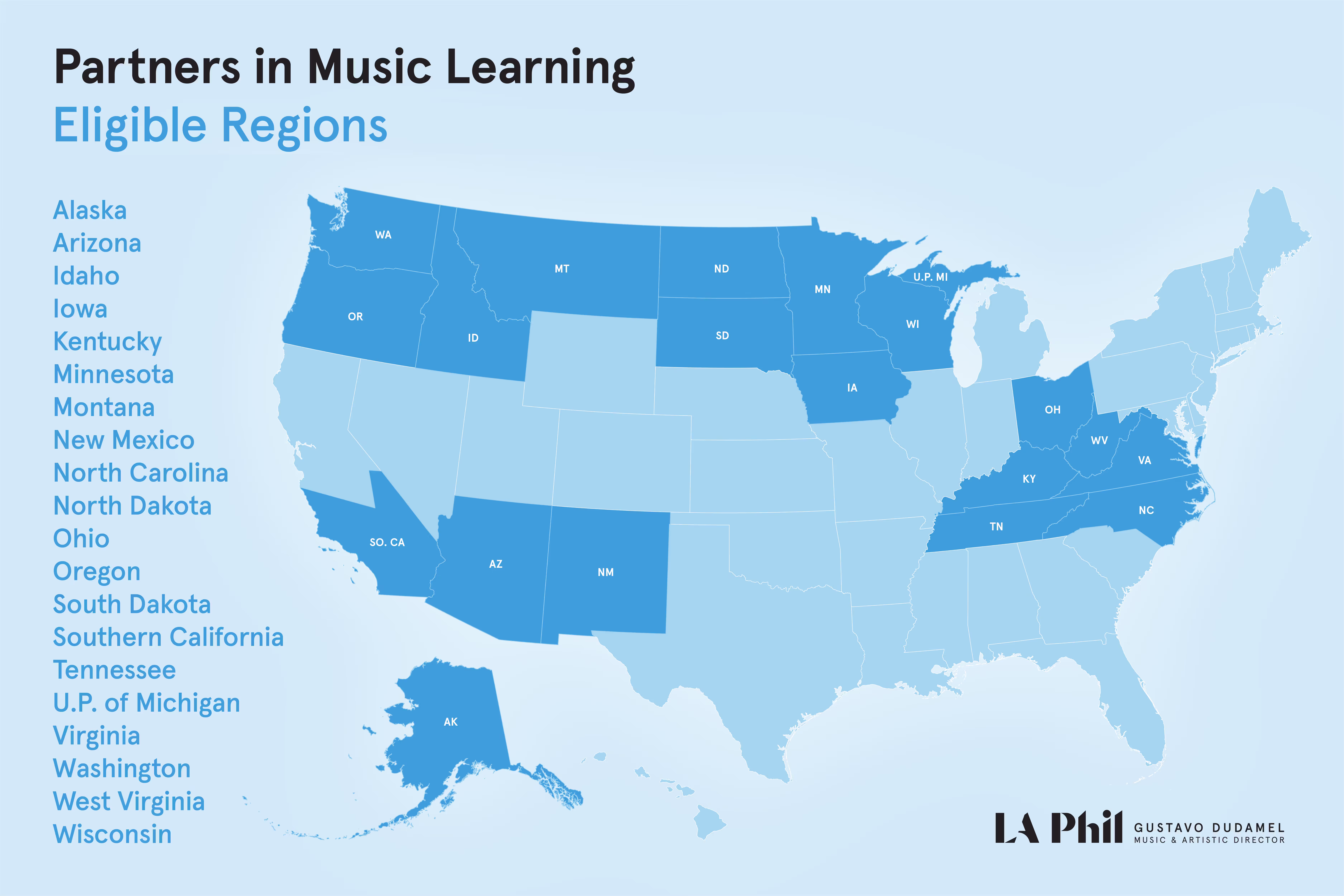 United States map highlighting eligible regions for partners in music learning, listing Alaska, Arizona, Idaho, and others