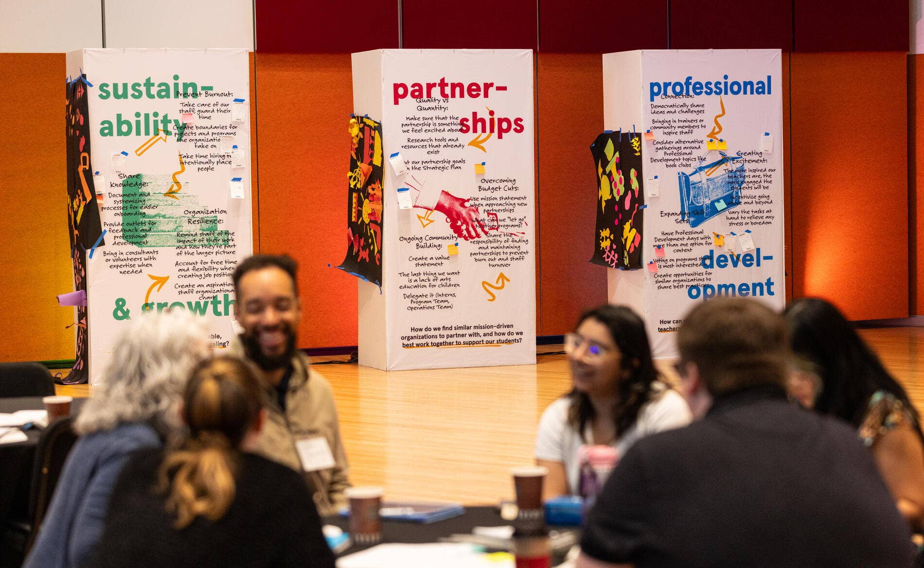 Three conference posters on easels about sustainability, partnerships, and professional development, with audience in foreground.