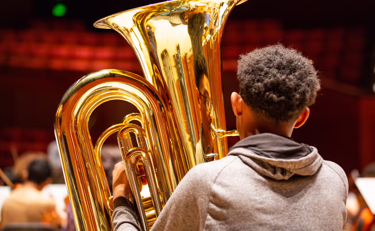 Person playing tuba from the back view.