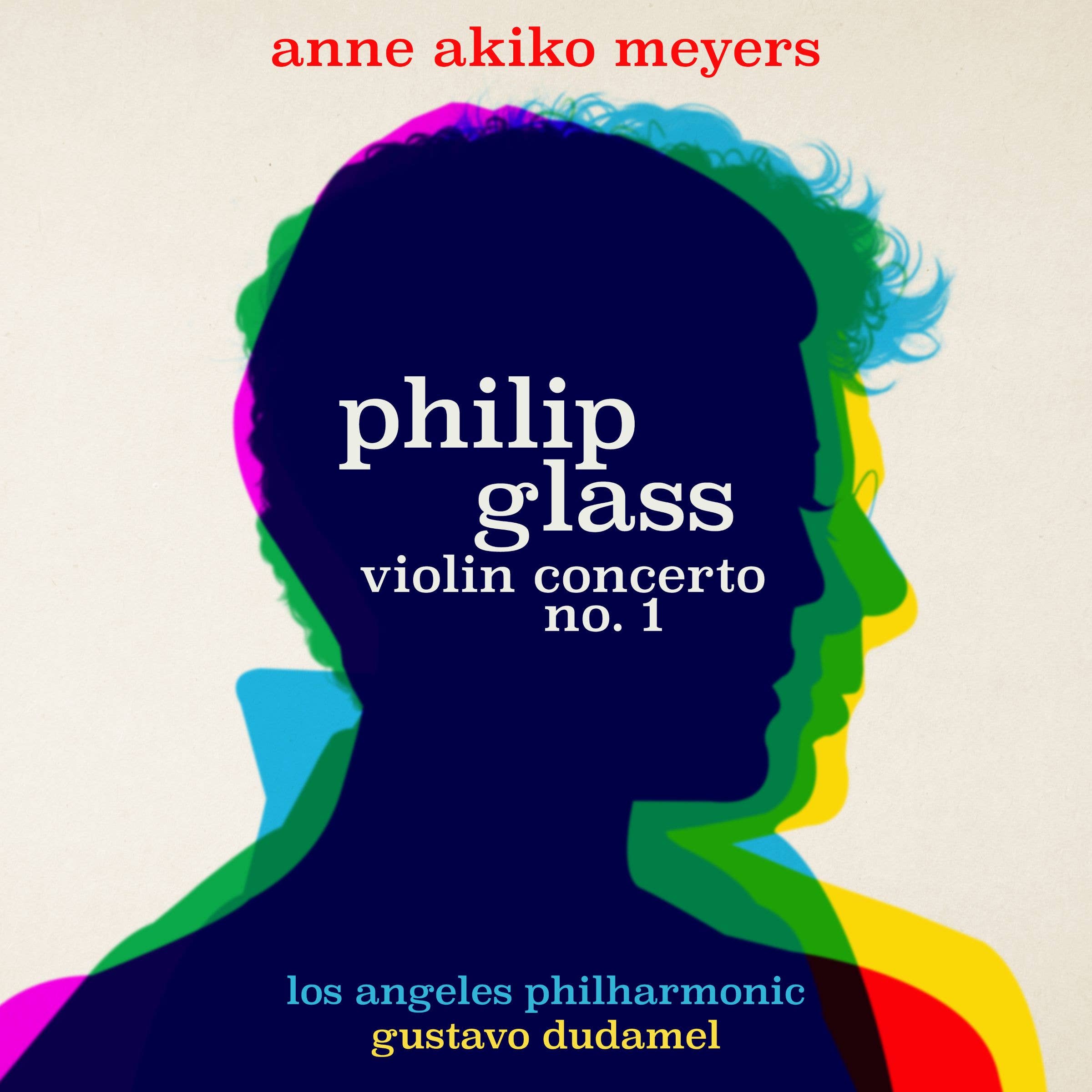 Silhouetted head with colorful ribbons and text for Philip Glass violin concerto no. 1 by Los Angeles Philharmonic