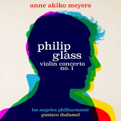 Silhouetted head with colorful ribbons and text for Philip Glass violin concerto no. 1 by Los Angeles Philharmonic