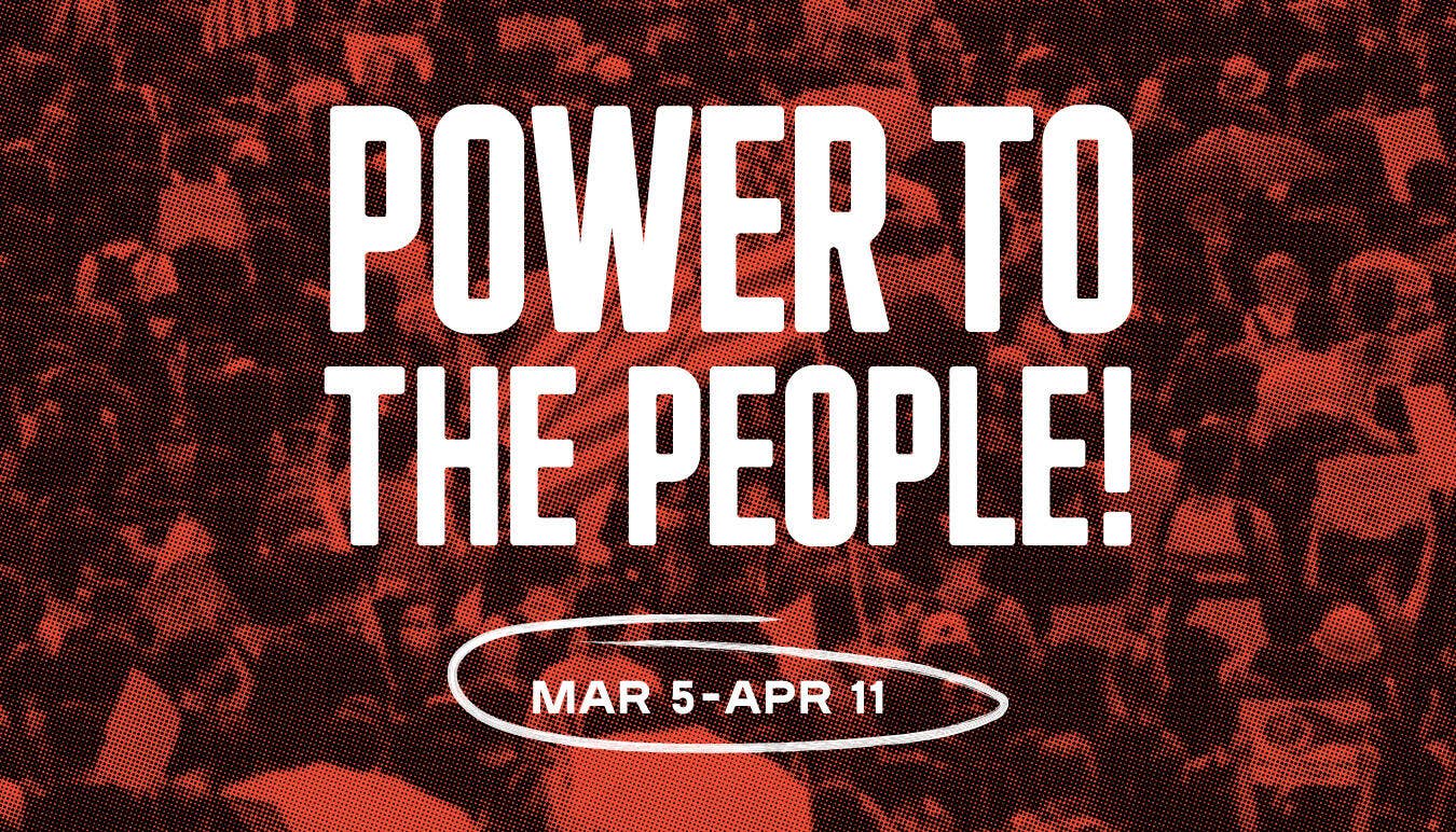Power to the People event poster with bold white text and red camouflage background, dated Mar 5–Apr 11.