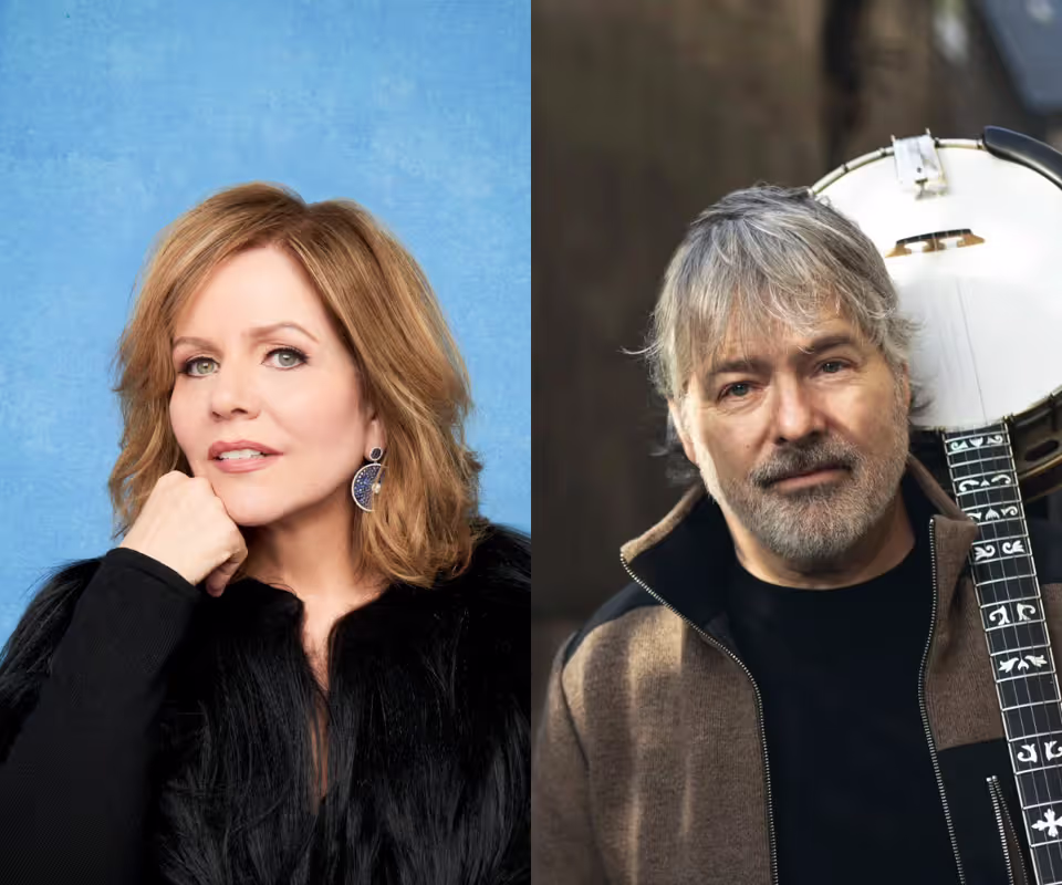 Reneé Fleming and Béla Fleck headshots side by side