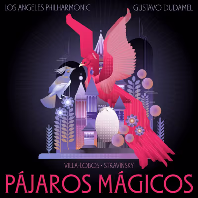 Cartel de concierto estilizado en el que aparecen pájaros de colores, motivos florales y figuras abstractas imponentes en un paisaje urbano nocturno