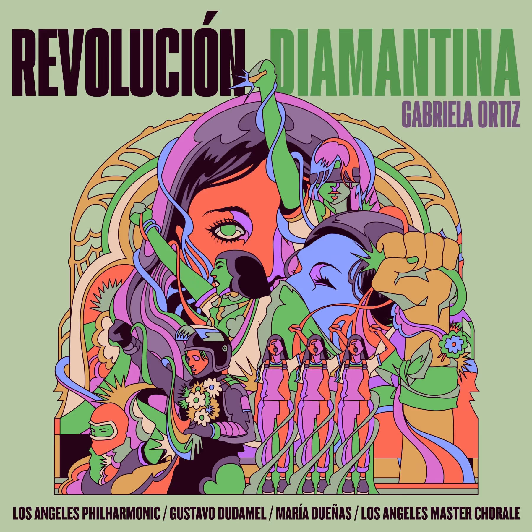 Stylized poster for Revolución with green-haired figure, orchestra performers, and musicians in vibrant graphic collage.