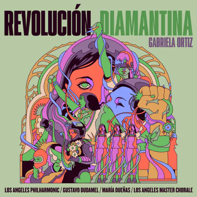 Stylized poster for Revolución with green-haired figure, orchestra performers, and musicians in vibrant graphic collage.