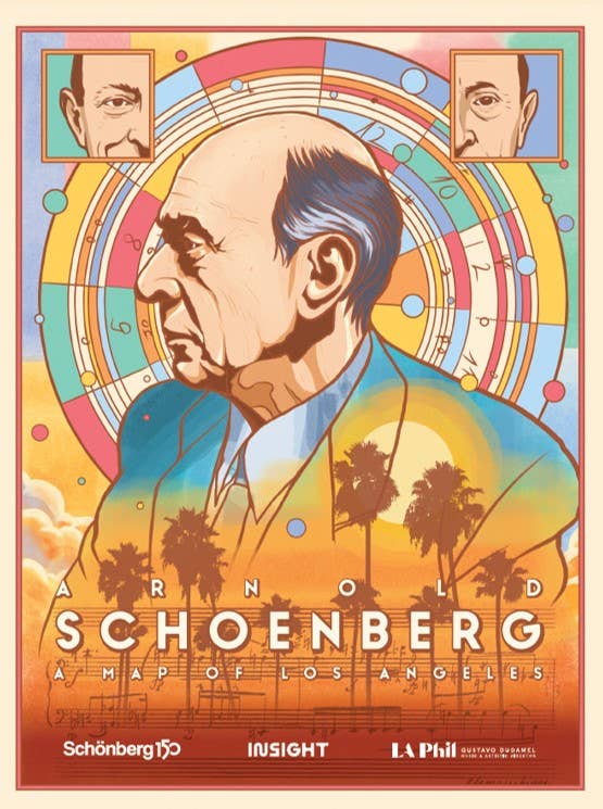 Art deco poster featuring composer Arnold Schoenberg profile with abstract color circles and palm silhouettes.