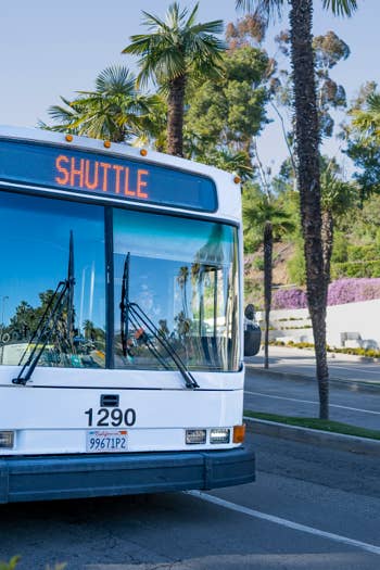 Shuttle bus with “Shuttle” sign stopped on a sunny road, surrounded by palm trees and landscaped bushes.