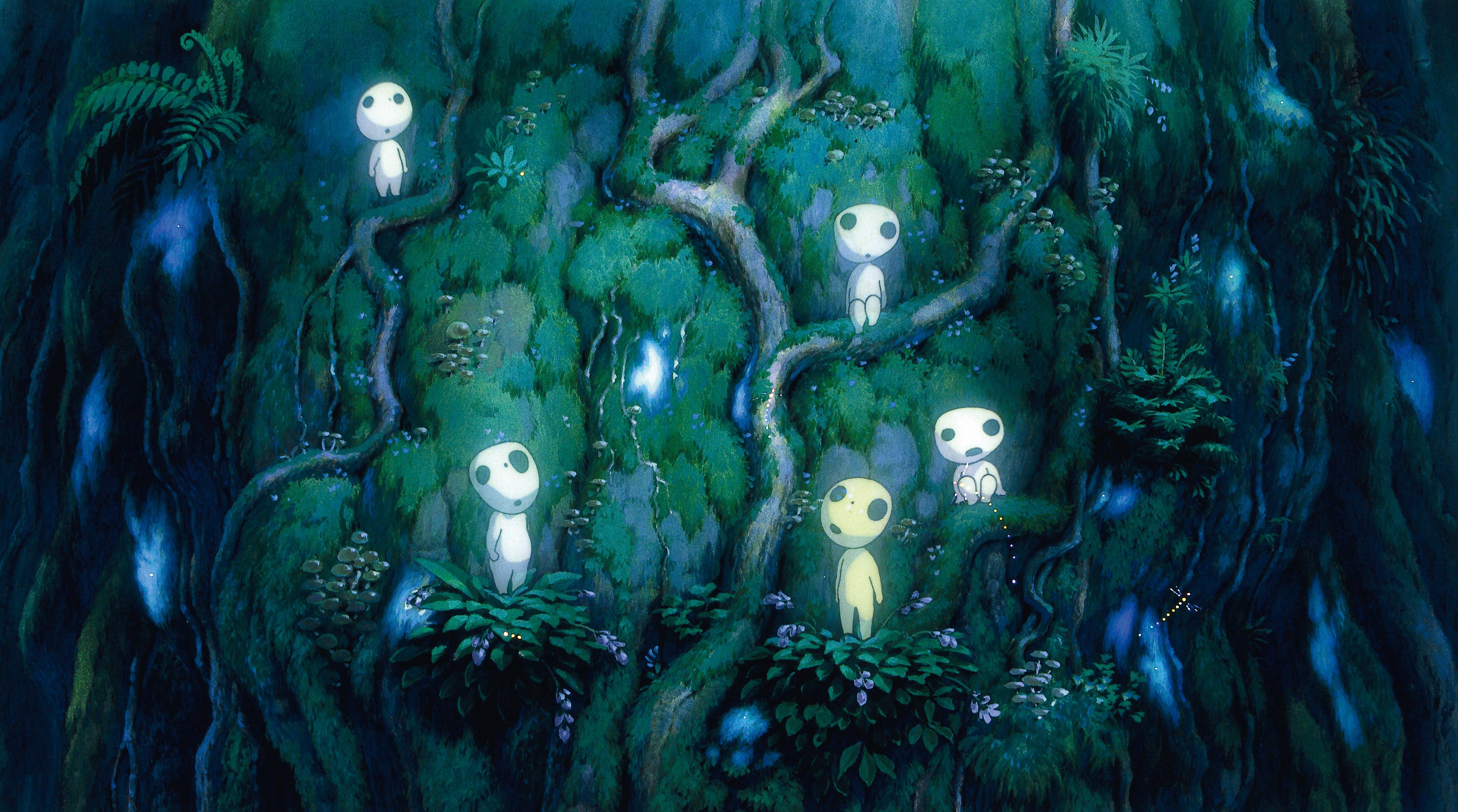 Five small alien-like characters with glowing eyes stand among mossy rocks and lush plants in a blue jungle.
