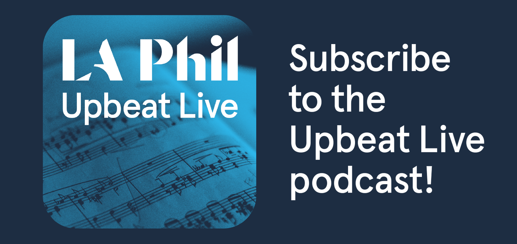 Blue podcast artwork with sheet music background and text: 
