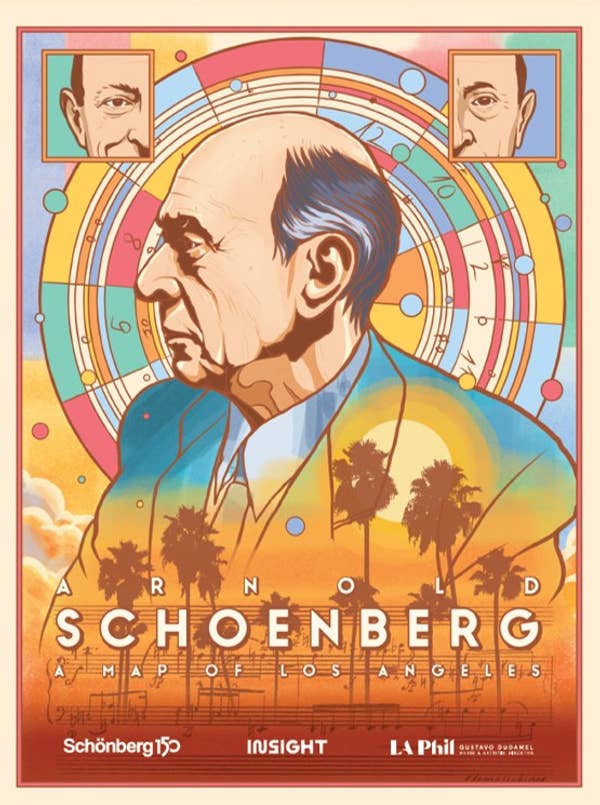 Cartel de estilo art déco en el que aparece el perfil del compositor Arnold Schoenberg, acompañado de círculos de colores abstractos y siluetas de palmeras.