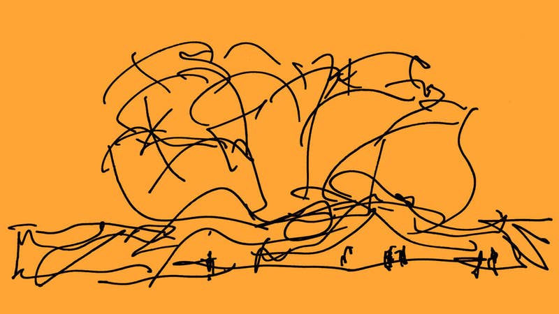 Dibujo abstracto en trazo negro de figuras apiñadas que se arremolinan sobre un paisaje de color amarillo anaranjado, con pequeñas siluetas en primer plano.
