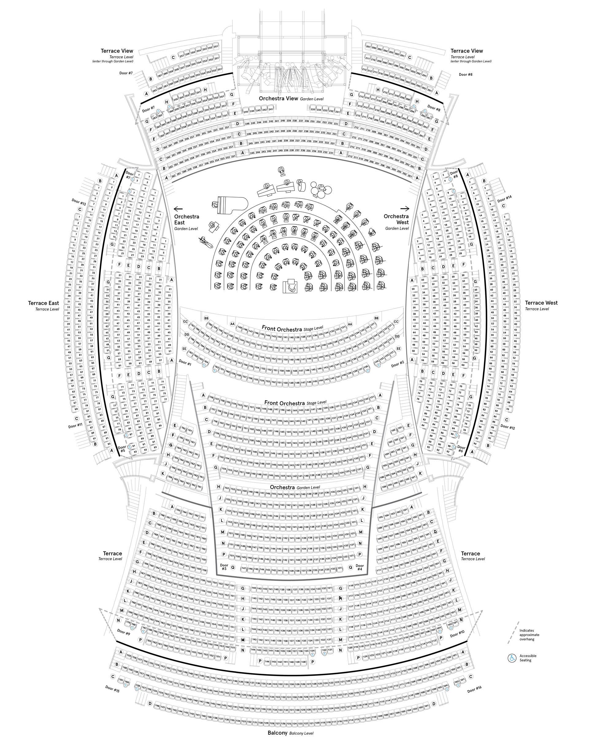 Seating and stage chart for an arena show, showing orchestra levels, terrace seating, entrances, and sections labeled A–BB.