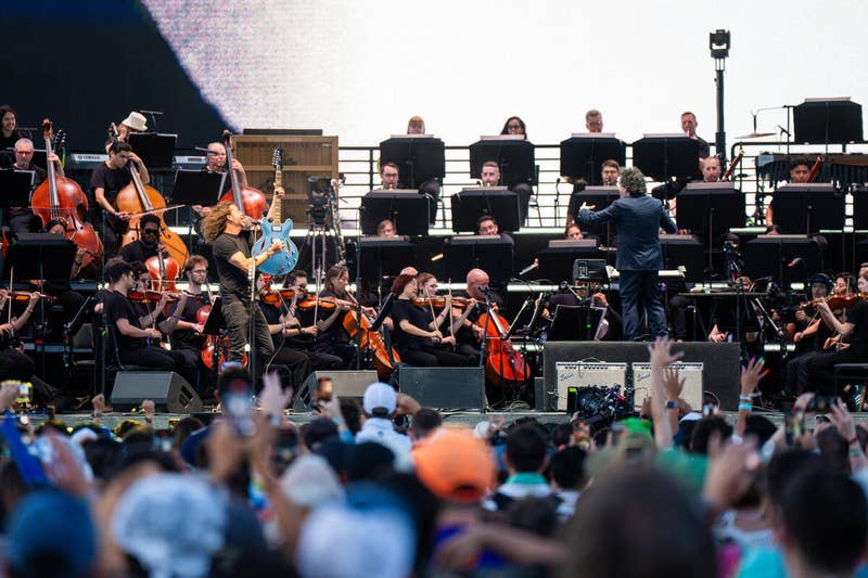 Dave Grohl performs on stage with the Los Angeles Philharmonic during Coachella.