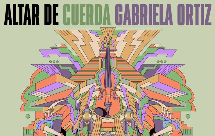 Geometric colorful poster with an ornate central figure, symmetrical patterns, and text “Altar de Cuera Gabriela Ortiz.”
