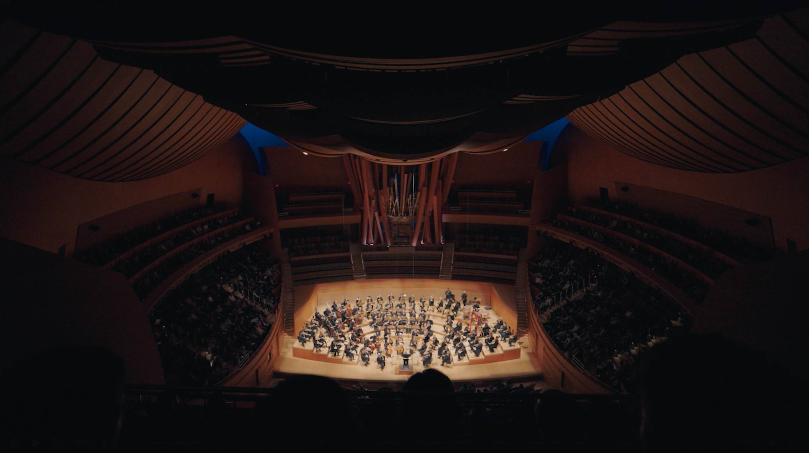 An audience member's view of the Los Angeles Philharmonic during a performance.