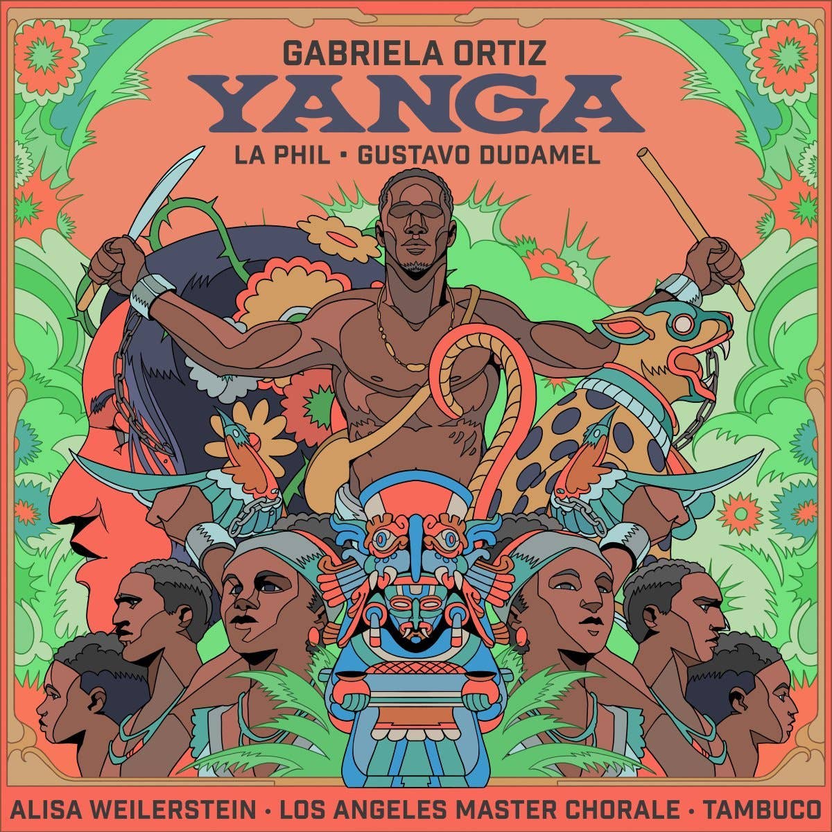 Cartel de concierto a todo color en el que aparecen, en el centro, un hombre, una figura con tocado, rostros cantando y plantas de la selva, con el título «Xanga» en letras llamativas.