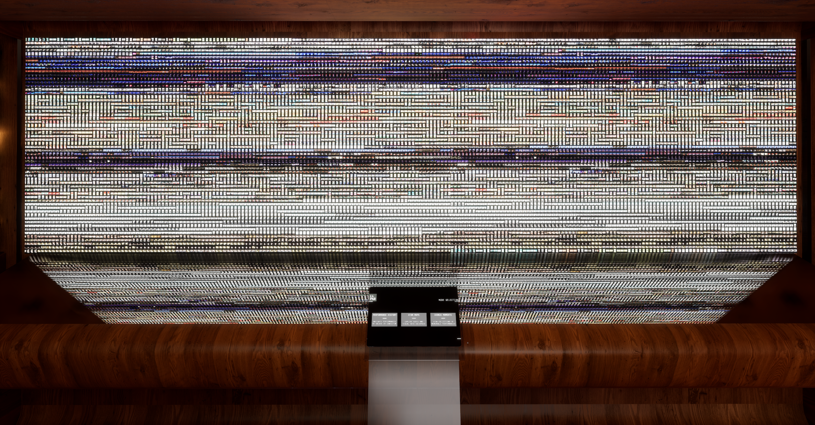 A touchscreen surface allowed visitors to interact with curated moments from the LA Phil’s 100-year history.