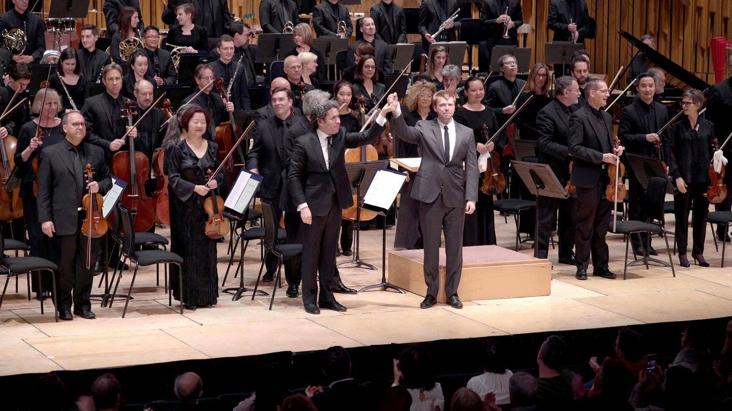 Norman with Dudamel and the Orchestra at the world premiere performance