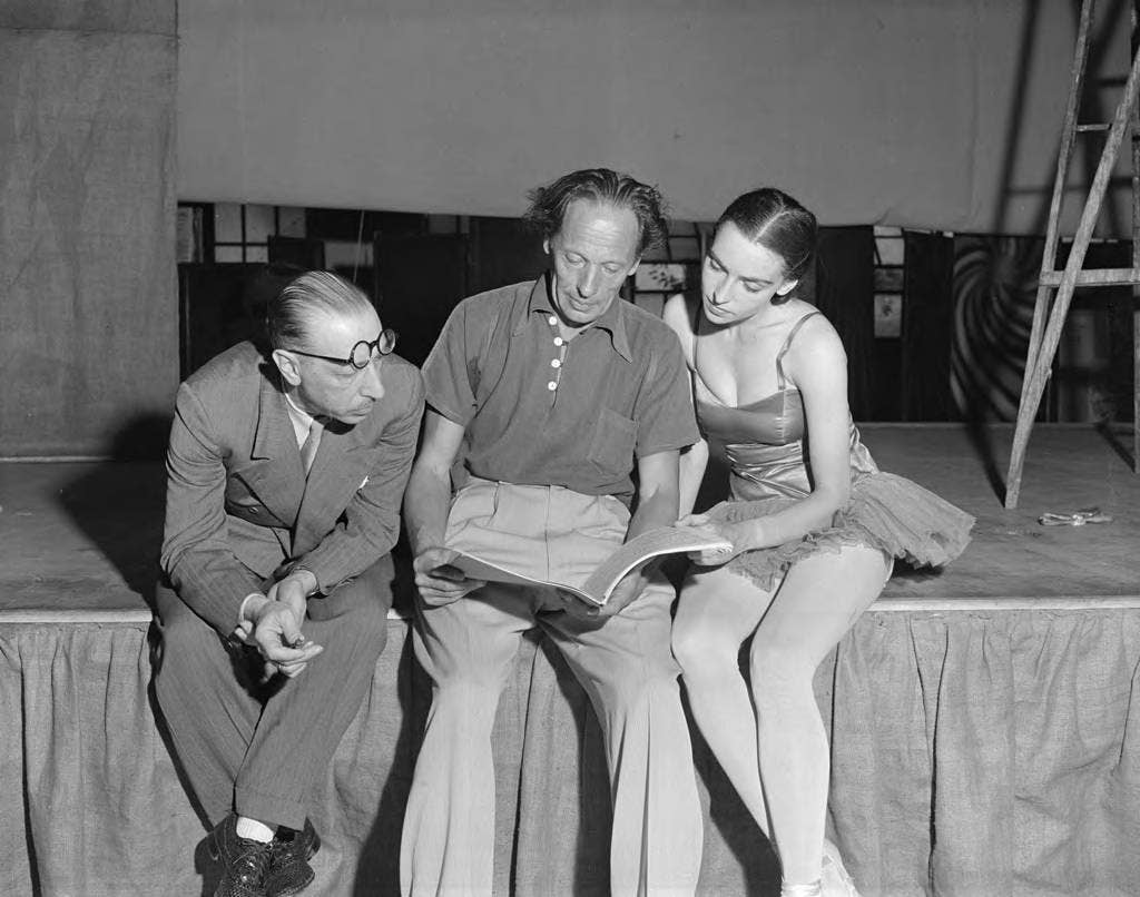 Igor Stravinsky, Nana Gollner (ballerina) and Adolph Bolm (choreographer) during rehearsal at the Hollywood Bowl
