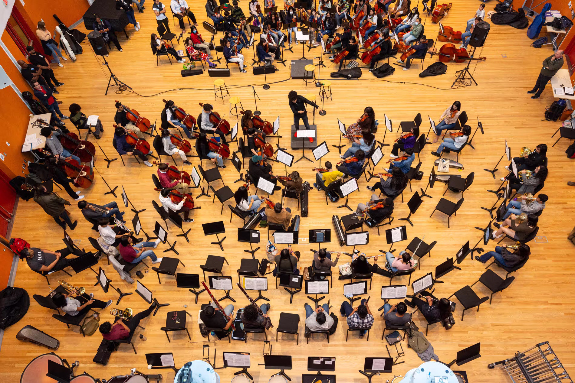An aerial photo of YOLA students during rehearsal.