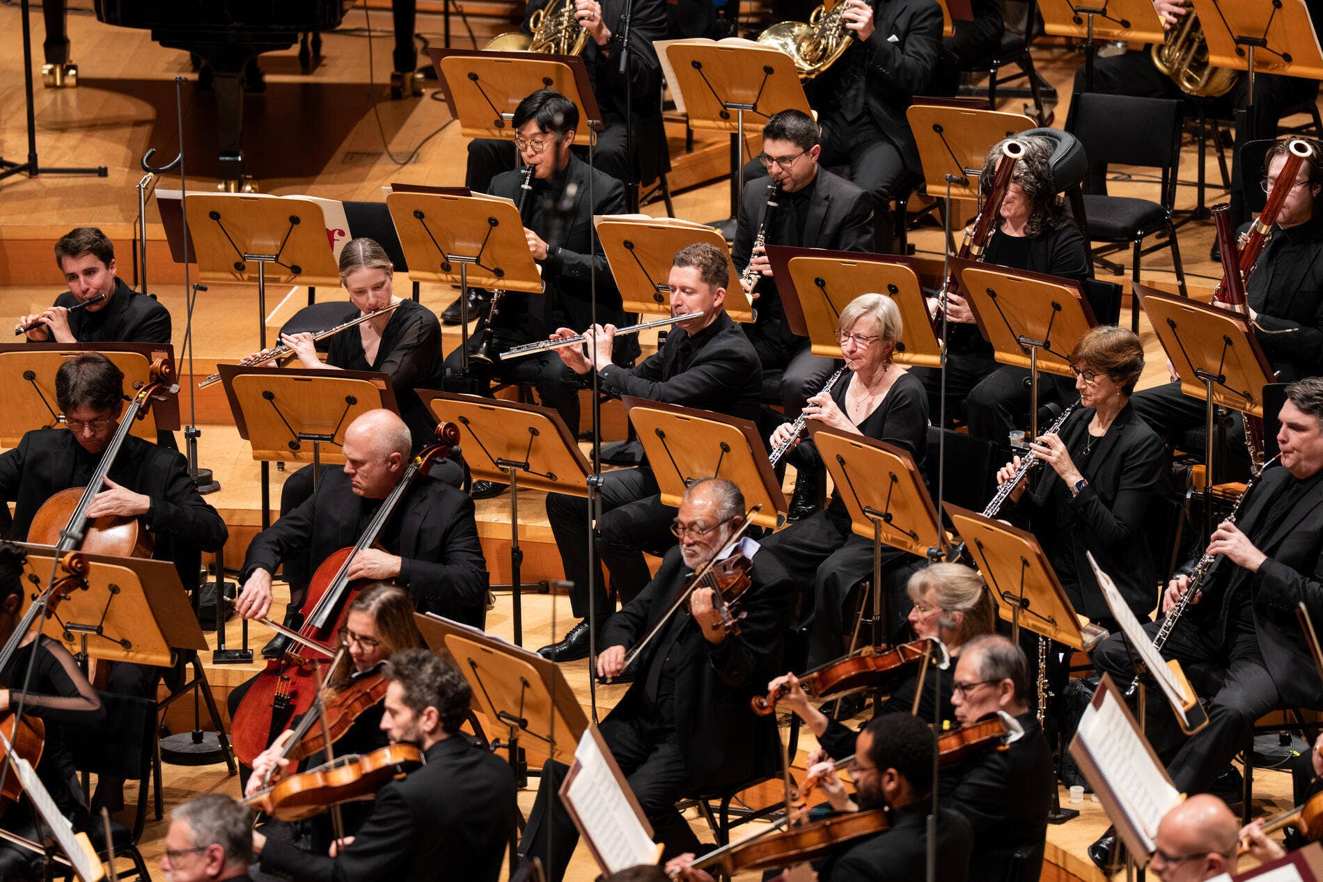 Orchestra musicians in black attire playing flutes, clarinets, oboes, and cellos on a concert stage, seated amid music stands.