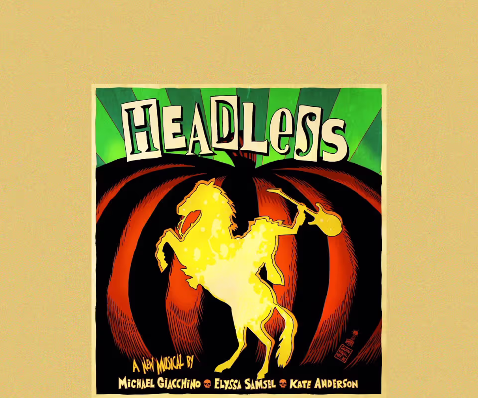Headless promotional poster with headless horseman graphic over pumpkin design