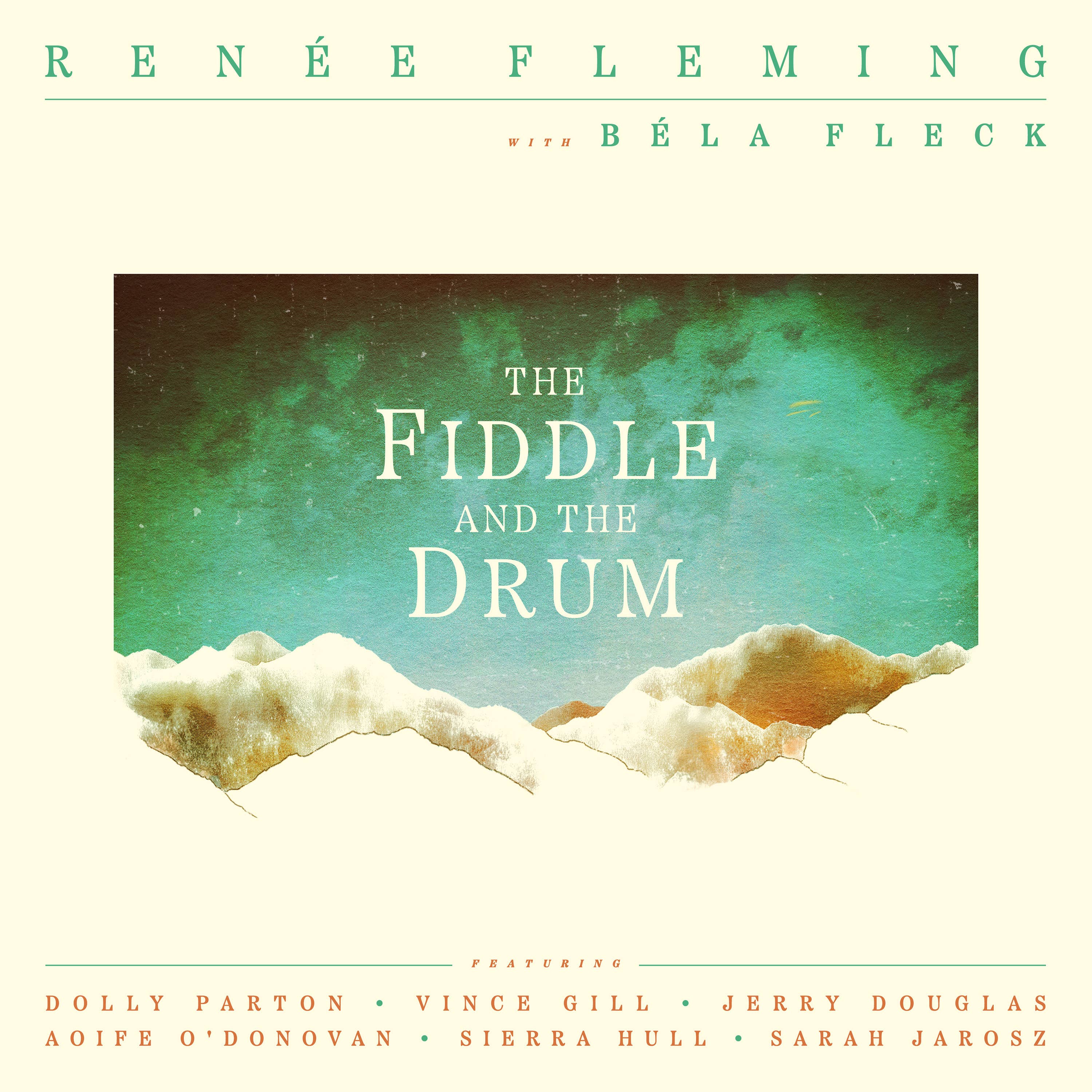 Renée Fleming poster reading “The Fiddle and the Drum” over green watercolor texture and paper ripples