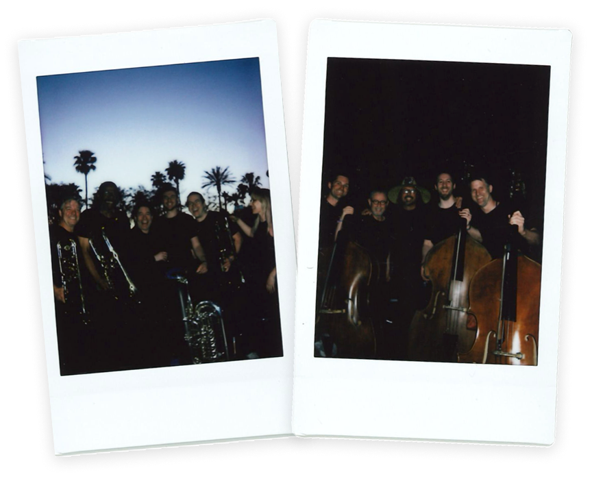 Two polaroid photos show a group of musicians standing together outdoors at night, with instruments visible.