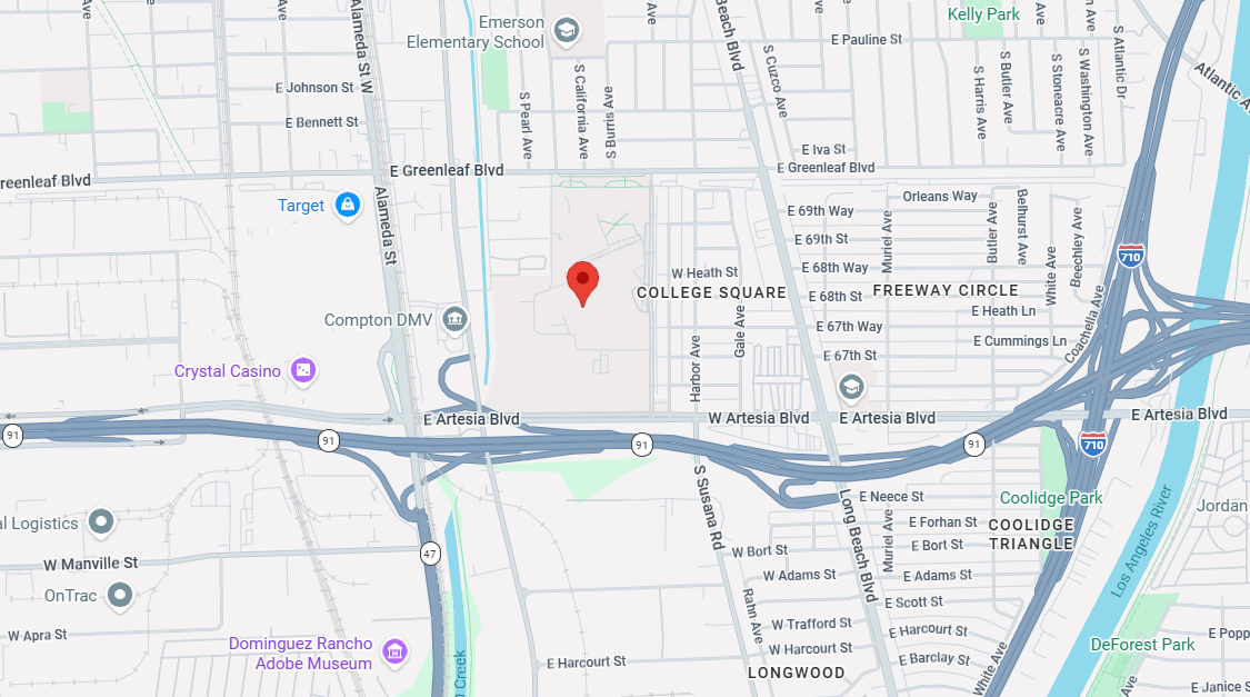 Map showing College Square near Freeway Circle, E 68th St, and E Artesia Blvd in Compton, California
