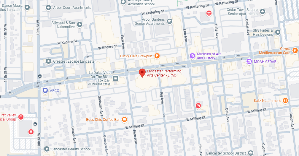 Map view of Lancaster Performing Arts Center near Museum of Art and History, with nearby streets and landmarks labeled