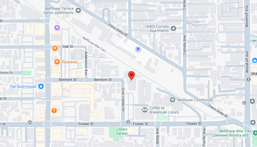 Map showing Bellflower Civic Center and nearby streets, including Bellflower Terrace and Flower St.