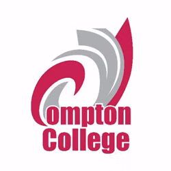 Compton College logo with maroon text and abstract gray and burgundy swirl emblem on white background
