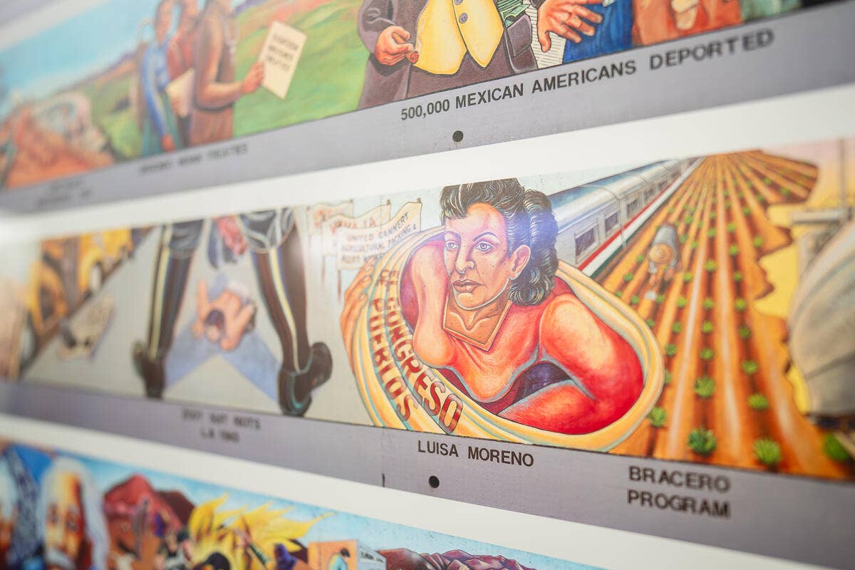 Mural panel on the Great Wall of Los Angeles with Luisa Moreno and the Bracero Program artwork