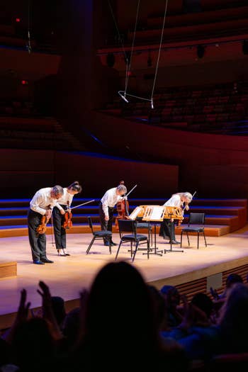 Four musicians in white shirts play violins on a concert stage with blue lighting and seated audience.