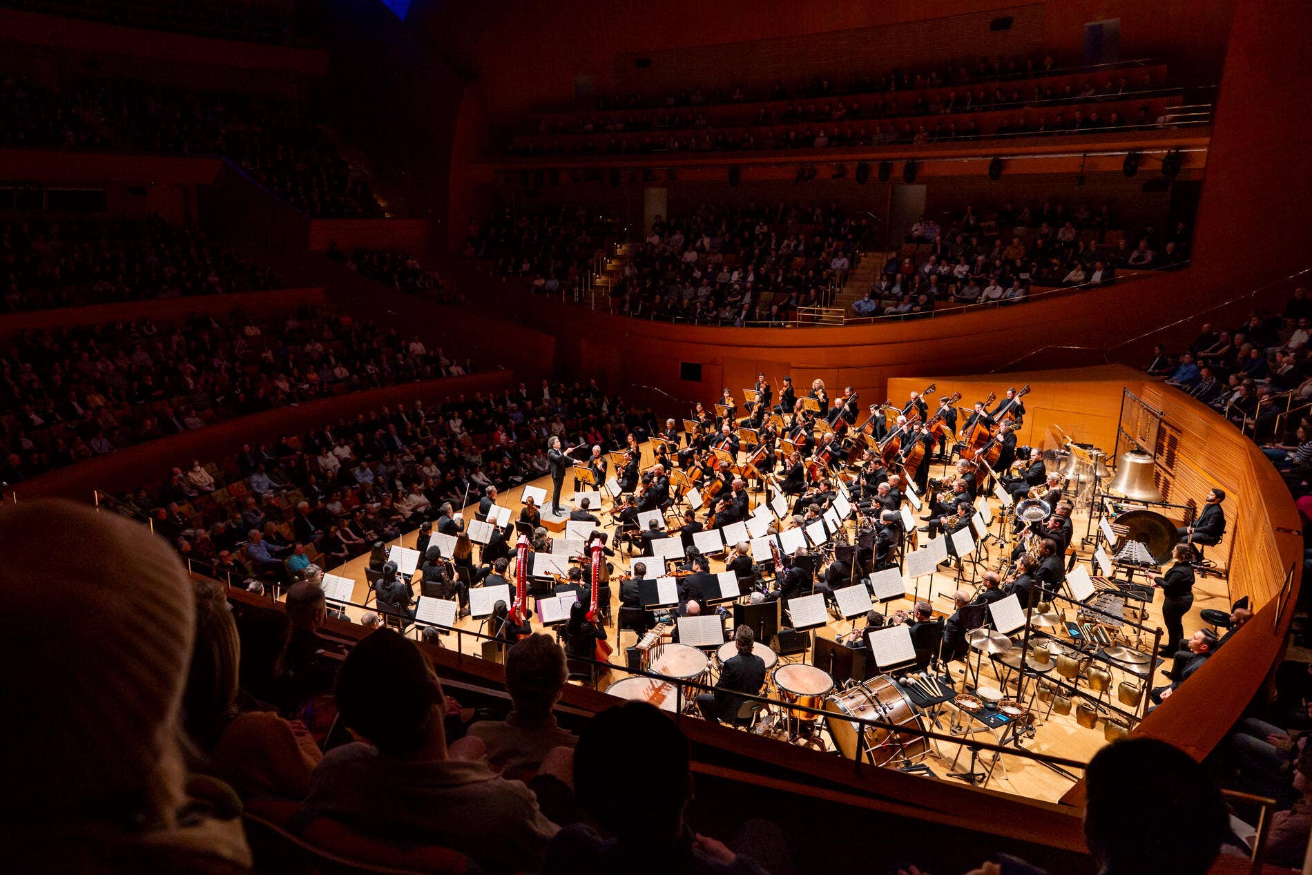 Orchestra performing in a concert hall, with conductor, strings, brass, and percussion under warm stage lights