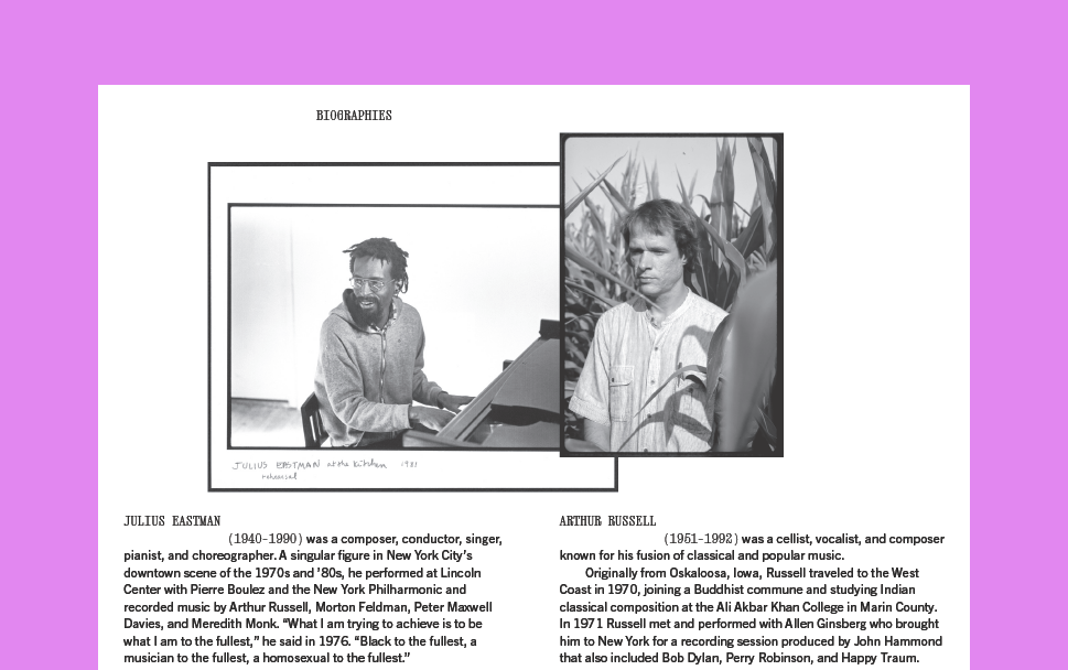Two black-and-white portraits of musicians, with captions for Julius Eastman and Arthur Russell.