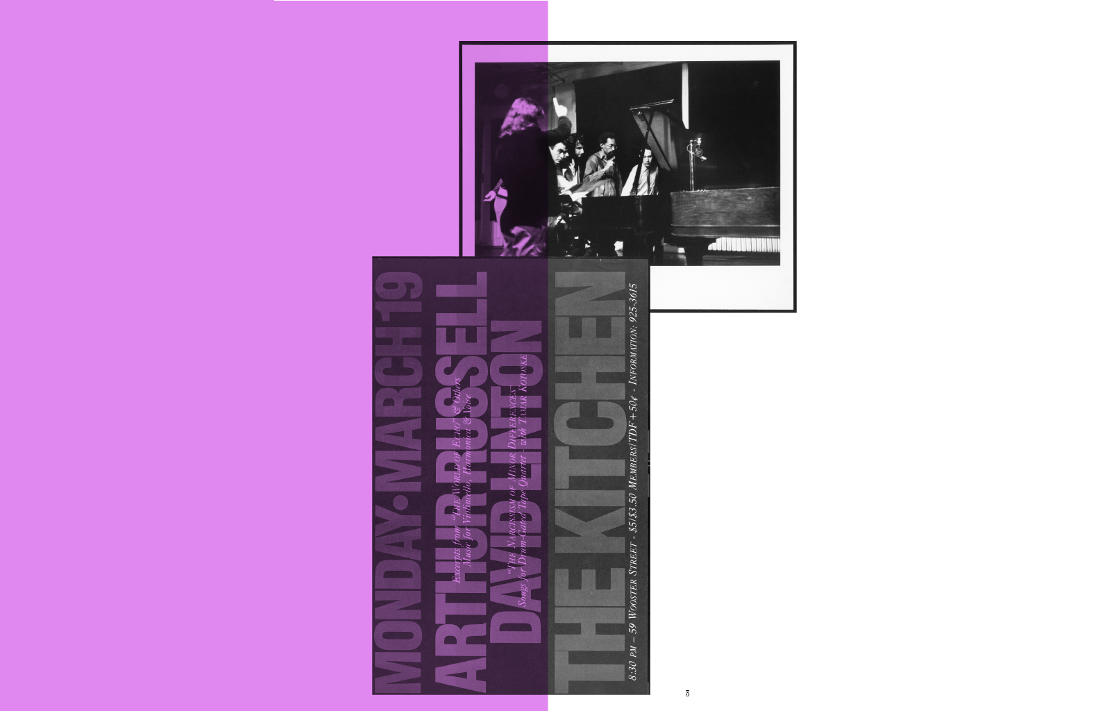 Collage of black-and-white concert photo with purple posters and typography reading “world art kinesthetics”