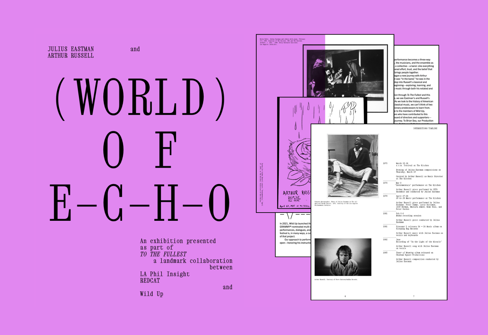 Purple exhibition poster with “World of E–G–H–O” and framed black-and-white photos of Arthur Russell and Julius Eastman