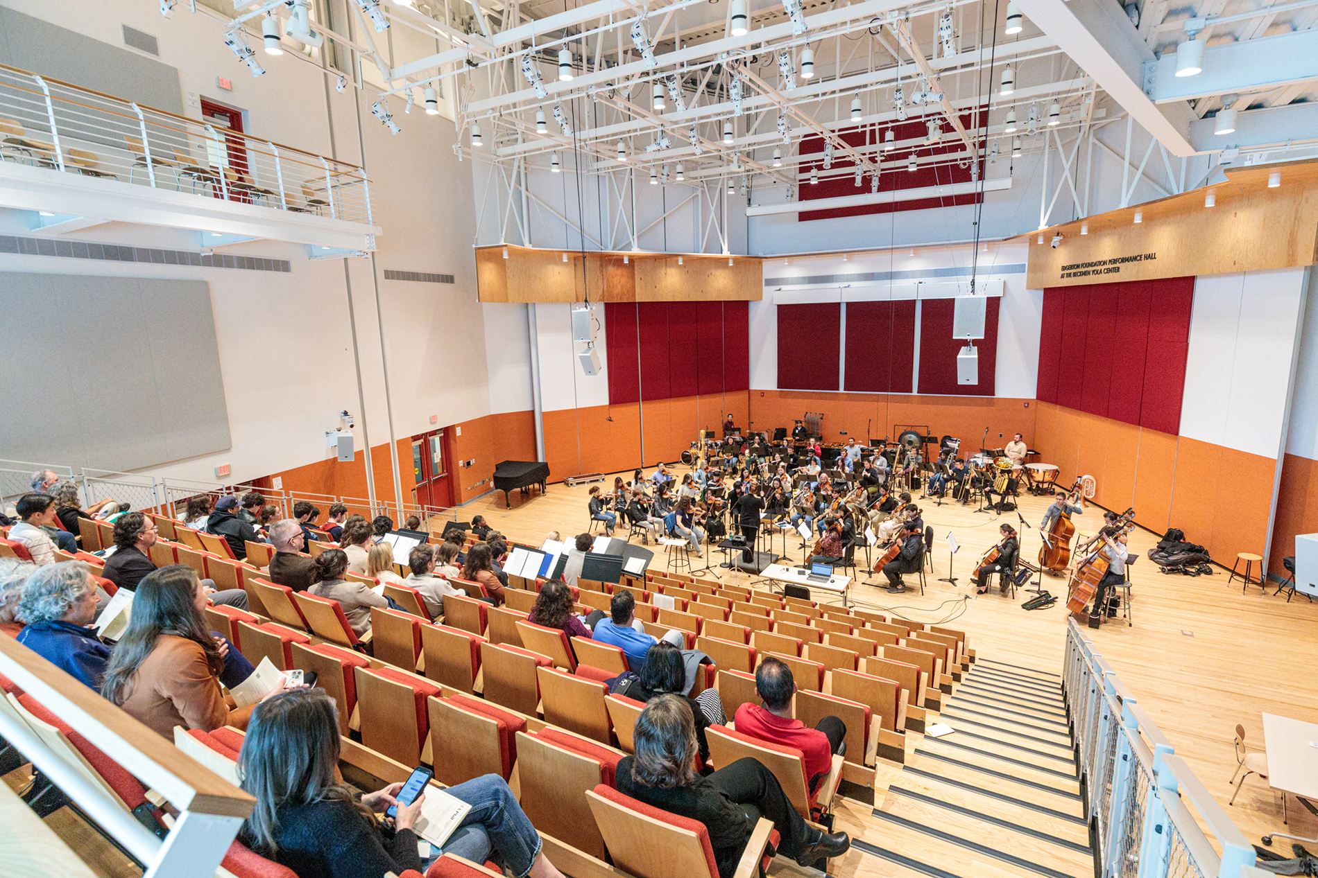 Students play instruments during rehearsal inside the Beckmen YOLA Center.