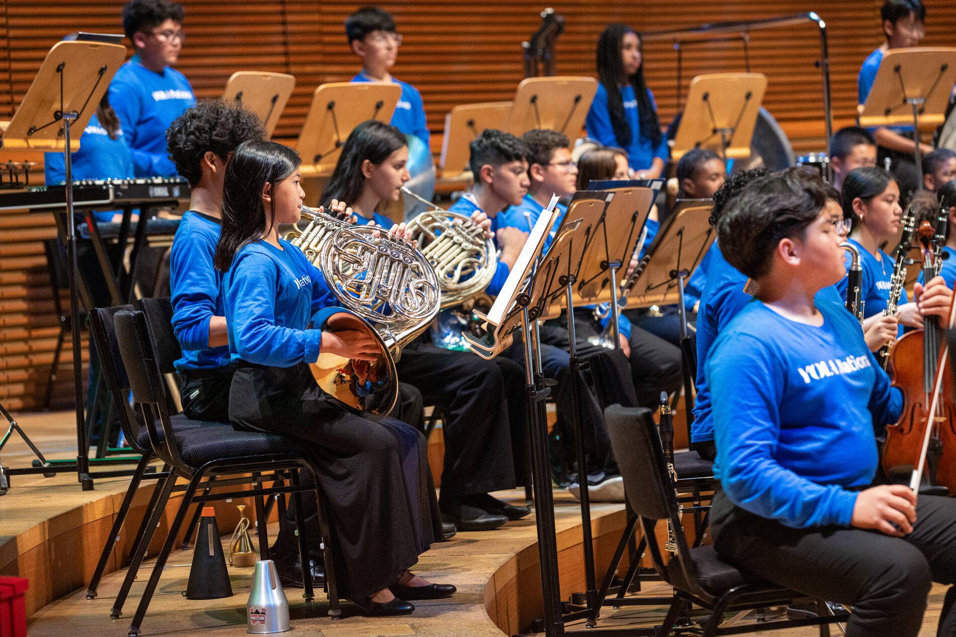 YOLA National students perform on stage at the Walt Disney Concert Hall.