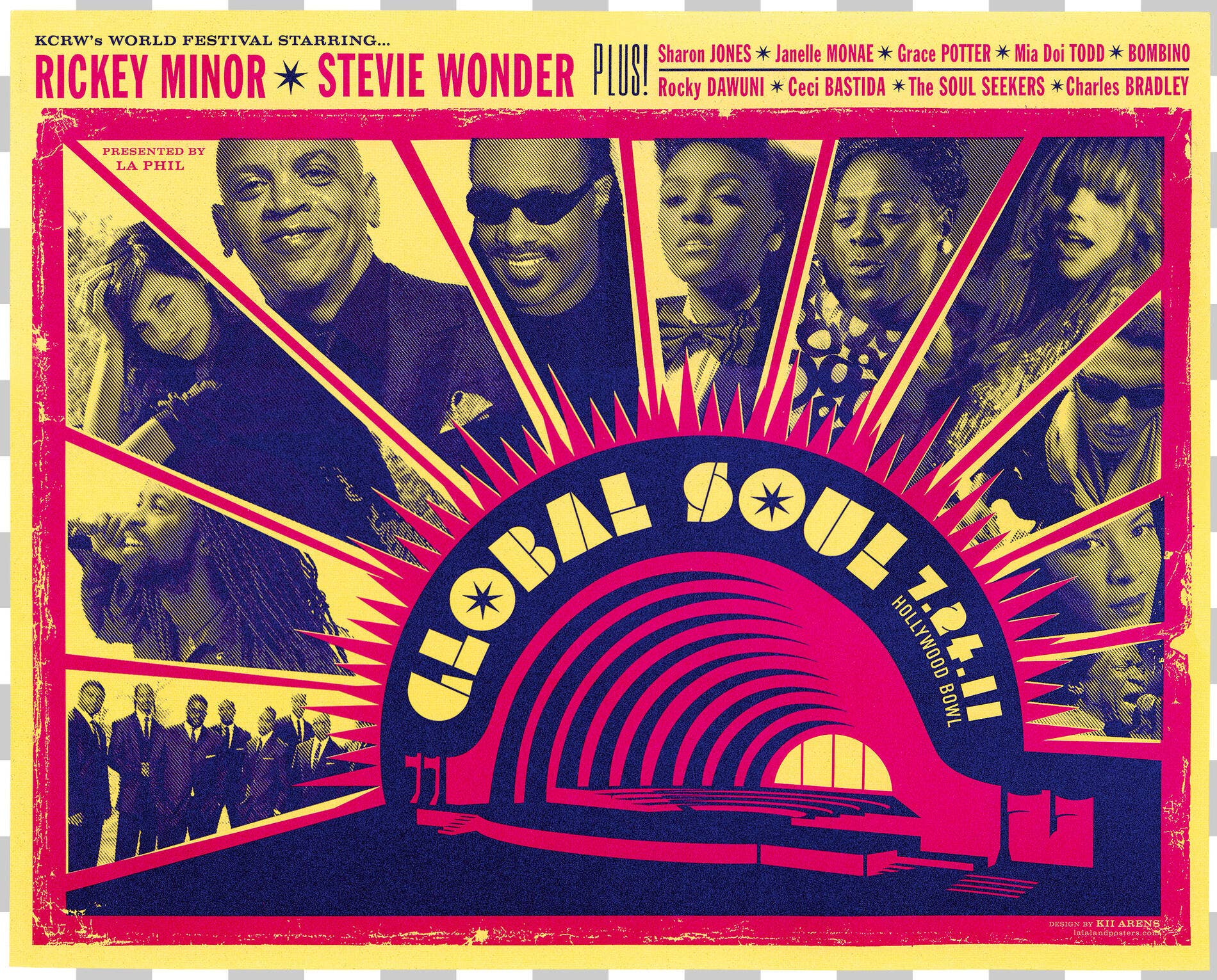 Poster art for the Global Soul KCRW World Festival presented by LA Phil starring Rickey Minor, Stevie Wonder plus Sharon Jones, Janelle Monae, Grace Potter, Mia Doi Todd, Bombino, Rocky Dawuni, Ceci Bastida, The Soul Seekers, Charles Bradley. Hollywood Bowl, July 24, 2011.