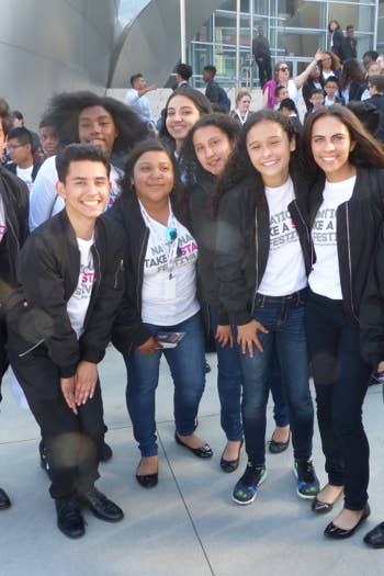 YOLA students pose for a group photo in front of the Walt Disney Concert Hall during the Take a Stand Festival in 2012.